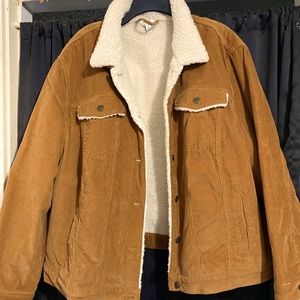 Outside brown, inside white teddy like material, four pockets on outside.